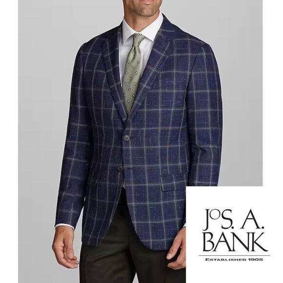44R Jos A Bank Tailored Fit Windowpane Sportcoat Blazer Navy Plaid D010025 - Picture 1 of 10